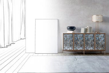 Boş bir tuvalle boş bir iç mekan çizimi, gerçek bir iç mekan haline geldi. 3d illüstrasyon