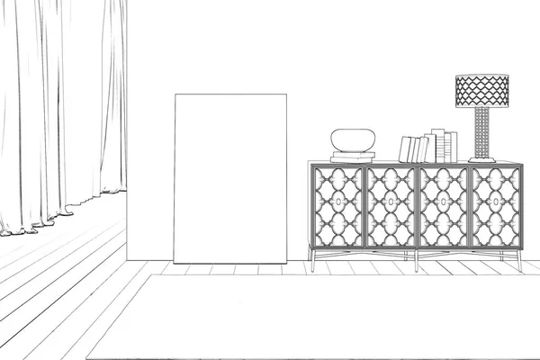Sketch of an empty interior with a blank canvas, a stand. 3d illustration