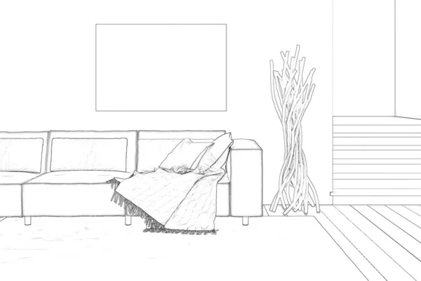 Sketch of modern living room with sofa, blank mockup poster, carpet, tiled floor, and stairs. 3d illustration