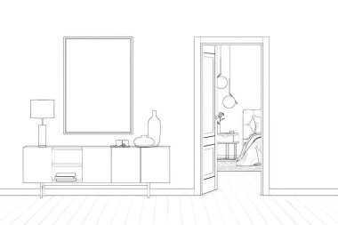 İçinde bir resim ve açık kapılı bir dolap olan modern iç mekan çizimi. 3d illüstrasyon