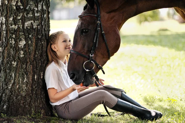 Chica jinete adolescente se sienta en un claro verde bajo un árbol. Alimenta a un caballo con una manzana y lo acaricia . — Foto de Stock