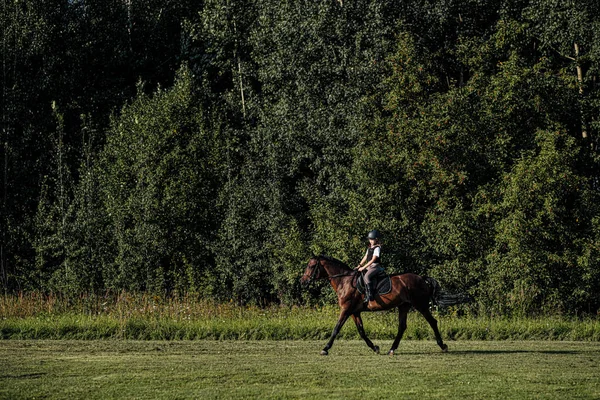 Flicka tonåring jockey tåg på fältet och vid hippodromen. — Stockfoto