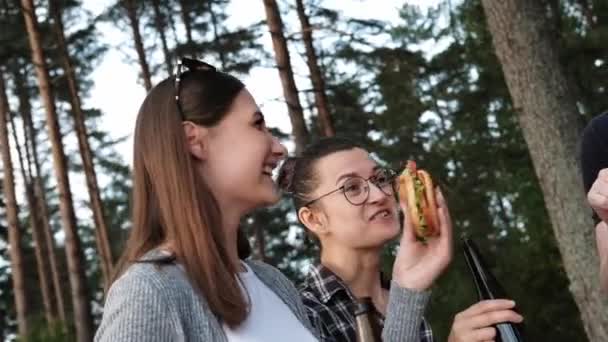 Um grupo de amigos descansa e relaxa na natureza. As pessoas comem hambúrgueres, bebem cerveja, comunicam e riem . — Vídeo de Stock