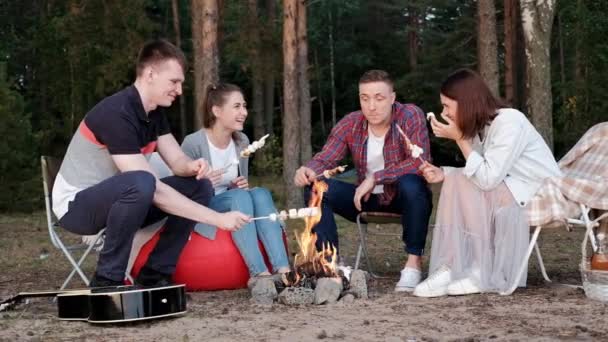 Skupina přátel odpočívá v lesním táboře. Muži a ženy připravují marshmallow na táboráku. Večírek v přírodě. — Stock video