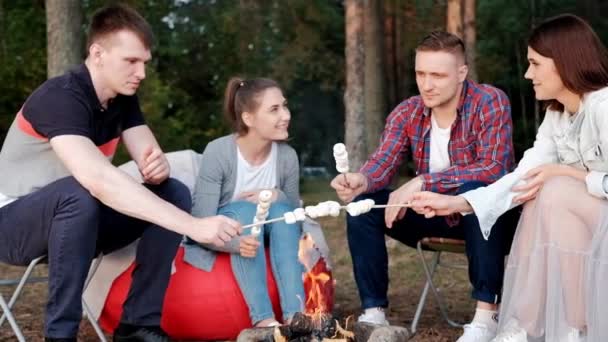 Un gruppo di amici si rilassa in un campo nella foresta. Uomini e donne preparano un marshmallow su un falò. Una festa nella natura . — Video Stock