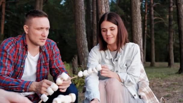 Un grupo de amigos se relajan en un campamento forestal. Hombres y mujeres preparan un malvavisco en una hoguera. Una fiesta en la naturaleza . — Vídeos de Stock