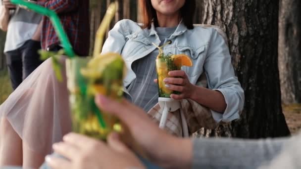 Una mujer joven y atractiva se relaja en la naturaleza. Bebe un cóctel y se comunica con los amigos . — Vídeos de Stock