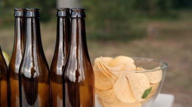 Ormanda açık hava partisi. Kampta akşam yemeği. Şişelenmiş bira ve kokteyller, hamburgerler ve cipsler, abur cubur ve atıştırmalıklar masada..