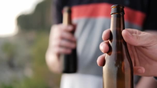 Двое молодых людей пьют пиво из бутылок и отдыхают на открытом воздухе. Выходные в природе, встреча друзей . — стоковое видео