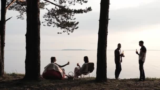 Quatre amis se reposent sur la plage. Boire et communiquer sous les arbres au coucher du soleil et s'amuser . — Video