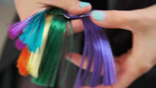 Le client du salon de coiffure choisit la couleur de la teinture sur catalogue . — Video