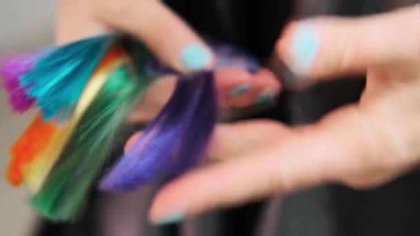 Il cliente del salone di parrucchiere sceglie il colore della tintura dei capelli sul catalogo . — Video Stock