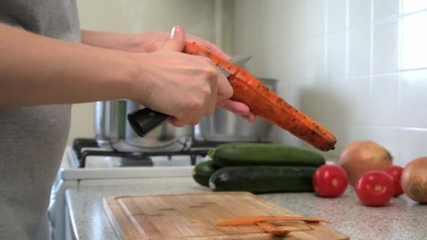 Bir kadın patates ve havuç yıkar, çorba pişirmek için sebze temizler.. — Stok video