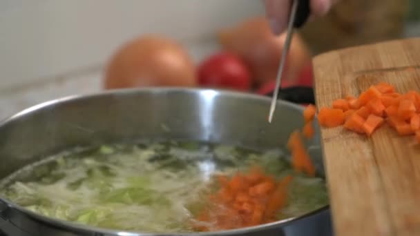 Rus lahana çorbası pişiriyorum. Bir kadın kesme tahtasıyla sebze kesiyor. Ev mutfağında yemek pişirmek. Tavaya doğranmış havuç ekler. — Stok video