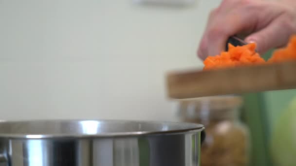 Cocinar sopa de col rusa. Una mujer corta verduras en una tabla de cortar. Cocinar en la cocina casera. Añade las zanahorias picadas a la sartén . — Vídeos de Stock