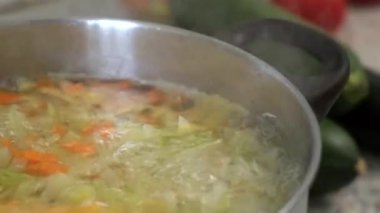 Rus lahana çorbası pişiriyorum. Bir kadın kesme tahtasıyla sebze kesiyor. Evde yemek pişirmek..