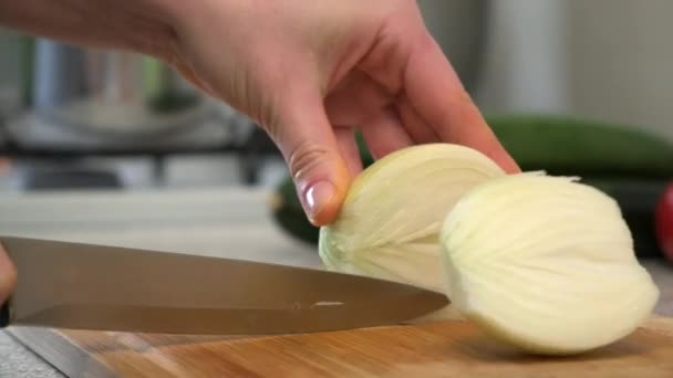 Una mujer ama de casa cocina en casa en la cocina. Cortar la cebolla en la tabla de cortar . — Vídeos de Stock