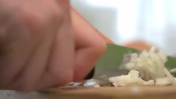 Egy háziasszony otthon főz a konyhában. Levágom a hagymát a vágódeszkáról.. — Stock videók