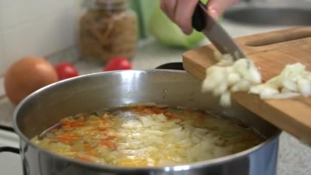 Sup masakan wanita tak dikenal di dapur. Menutup rumah tangga mengaduk sup dengan sendok di rumah dalam gerakan lambat. Koki wanita berdiri di kompor di dapur domestik — Stok Video