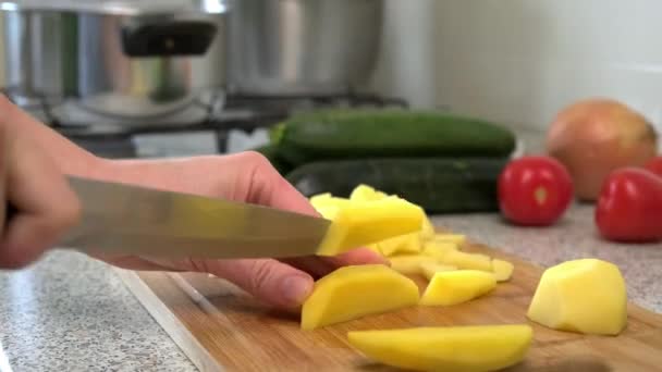 Brosser et trancher les pommes de terre. Cuisiner la soupe au chou russe. Une femme coupe des légumes sur une planche à découper. Cuisiner à la maison . — Video