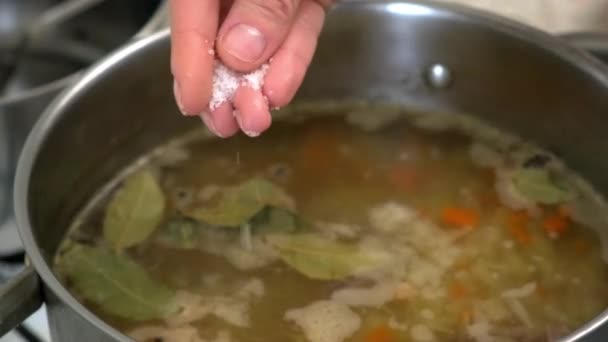 Γυναικεία σούπα με άλατα μαγειρικής. Μαγειρική ρωσική λαχανόσουπα. — Αρχείο Βίντεο