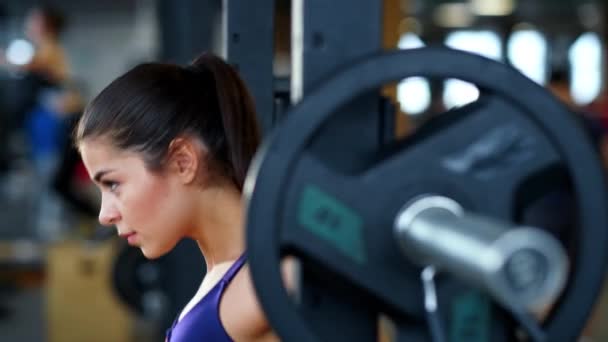 En vacker atletisk ung brunett kvinna i sportkläder i gymmet utför övningar med en skivstång. — Stockvideo