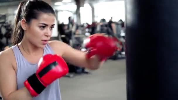 Atletische jonge brunette vrouw in sportkleding en rode bokshandschoenen treinen hobbels op een bokszak in een fitnessruimte. — Stockvideo