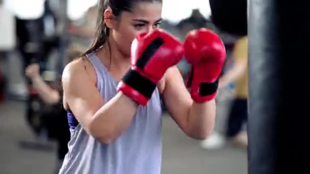 Sportowa młoda brunetka w odzieży sportowej i czerwonych rękawiczkach bokserskich trenuje uderzenia na worku treningowym w siłowni. — Wideo stockowe