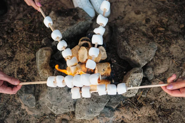 一群朋友在一个森林营休息。男人和女人在篝火上准备棉花糖。1.性质的当事方. — 图库照片
