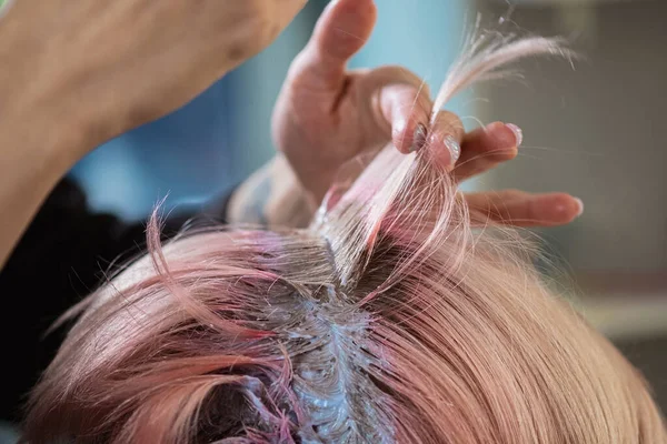 Coloriste coiffeur teint les cheveux d'une femme à un client en différentes couleurs . — Photo