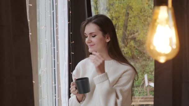Πορτρέτο μιας νεαρής όμορφης γυναίκας σε ένα ζεστό πουλόβερ και με ένα φλιτζάνι ζεστό ρόφημα στο σπίτι στο παρασκήνιο ενός παραθύρου. Λαμπτήρες θερμού φωτός. — Αρχείο Βίντεο