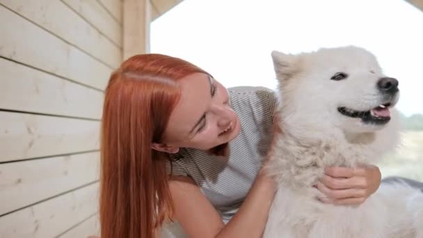 Joven pareja familiar caucásica con hija pequeña en una pequeña casa rústica moderna con una ventana grande. Acostado en la cama, abrazado, jugando y mirando por la ventana. Dos Samoyeds. Vacaciones de fin de semana — Vídeos de Stock