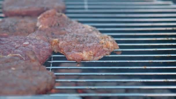 Barbecue grill. Un homme fait frire des steaks de viande et des boulettes de viande pour hamburgers, retourne la viande avec des pinces . — Video