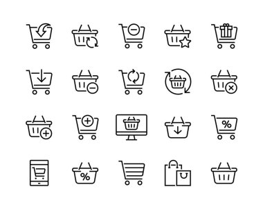 Alışveriş sepetleri ve düzenlenebilir vektör vuruşlarının simgelerini ayarla. 96x96 piksel mükemmel.