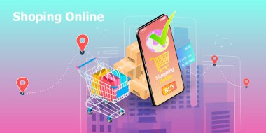 İnternet sitesinde internet üzerinden alışveriş yapmanın dijital pazarlama perspektifi cep telefonu ve dağıtımı arka plan iş teknolojisi teknolojisi, e-ticaret pazarlama çevrimiçi dağıtım hizmeti, dükkan düzeni izleme, şehir lojistik kavramı.