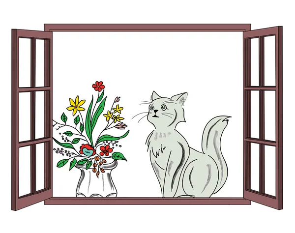 Perro y gatito leerlo por la ventana de la parte posterior de la casa