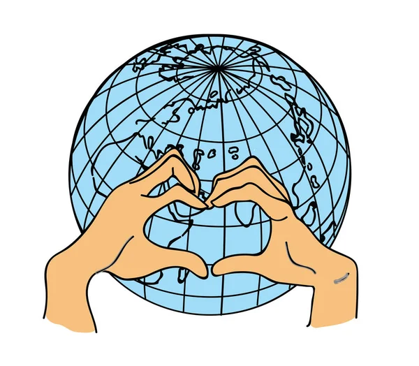 Hands make a heart on the background of the globe. vector illustration. — Stock Vector