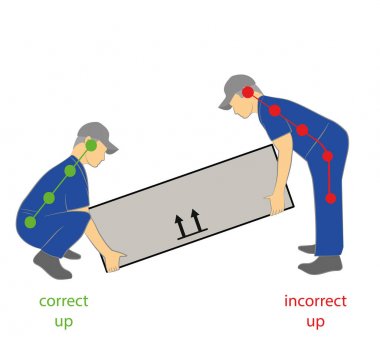 Ağır nesnenin güvenli kaldırma için doğru duruş. Sağlık. Çizgi film vektör çizim tasarım ve infographics için el çekilmiş. 
