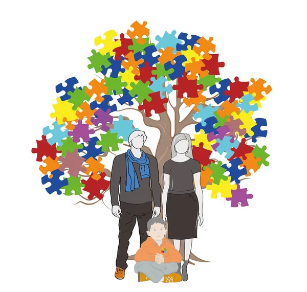 bir ağacın altında oturan çocuk. Puzzle parçaları otizm farkındalık renkleri arka planda, 3d render