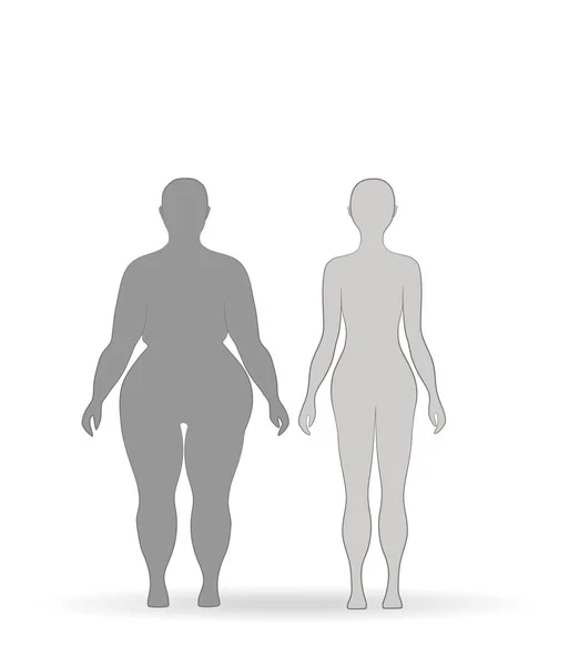 Vektör illüstrasyon karikatür kadın zayıflama. Yağlı ve ince kız. Kadın bedeninin öncesi ve sonrası kilo kaybı, diyet ve fitness. Karşılaştırma atletik kız ve tombul kadın. Büyüyen ince kadın. Düz stil. 