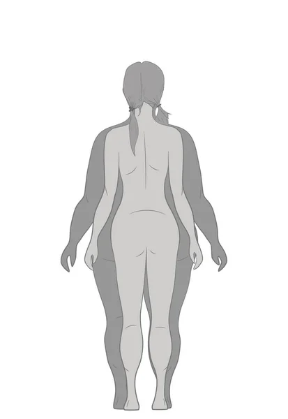 Vektör illüstrasyon karikatür kadın zayıflama. Yağlı ve ince kız. Kadın bedeninin öncesi ve sonrası kilo kaybı, diyet ve fitness. Karşılaştırma atletik kız ve tombul kadın. Büyüyen ince kadın. Düz stil. 