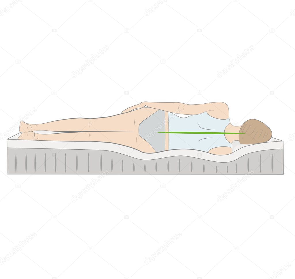 correct sleeping position on her side. vector illustration.