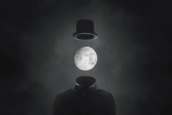 Surrealistiska Bild Man Med Månen Ansikte Med Hatt — Stockfoto