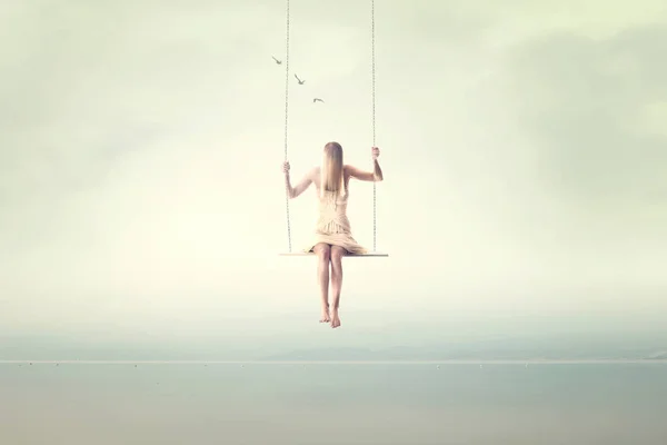 Surreal Fantástica Mulher Swingin Seesaw — Fotografia de Stock