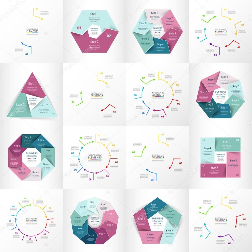 Vector circle infographic set. Business diagrams, round arrows graphs, presentations and charts. Data infographics with 2, 3, 4, 5, 6, 7, 8, 9 options, parts, steps, cycle processes.
