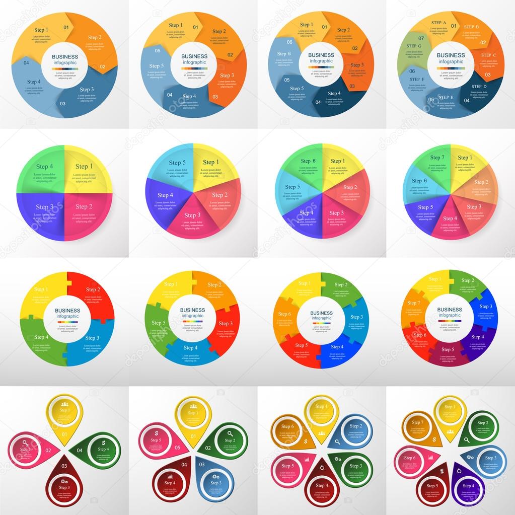Vector circle infographic set. Business diagrams, round arrows graphs, puzzle presentations and charts. Data infographics with 4, 5, 6, 7 options, parts, steps, cycle processes.