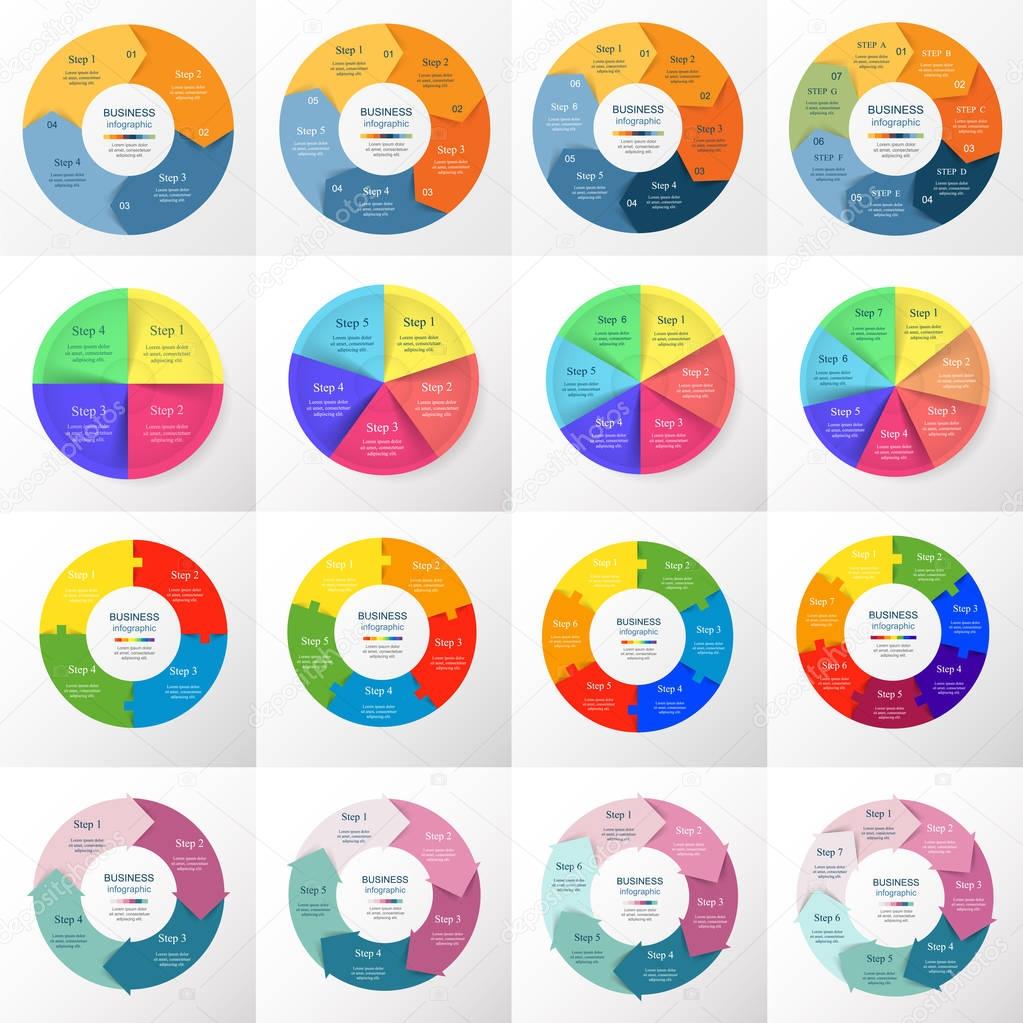 Vector circle infographic set. Business diagrams, round arrows graphs, puzzle presentations and charts. Data infographics with 4, 5, 6, 7 options, parts, steps, cycle processes.