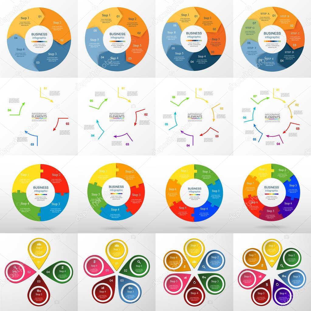 Vector circle infographic set. Business diagrams, round arrows graphs, puzzle presentations and charts. Data infographics with 4, 5, 6, 7 options, parts, steps, cycle processes.
