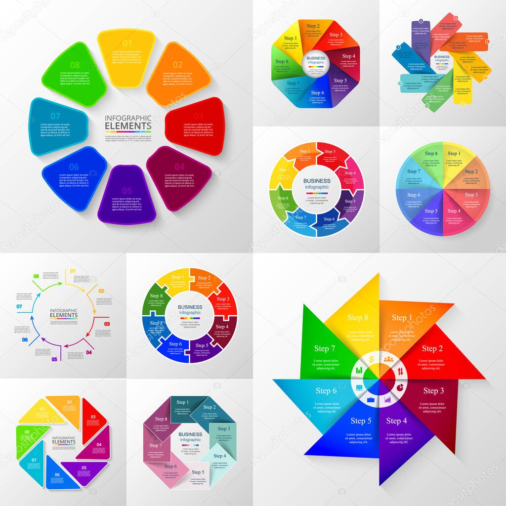 Vector circle infographic set. Business diagrams, round arrows graphs, puzzle presentations and charts. Data infographics with 8 options, parts, steps, cycle processes.