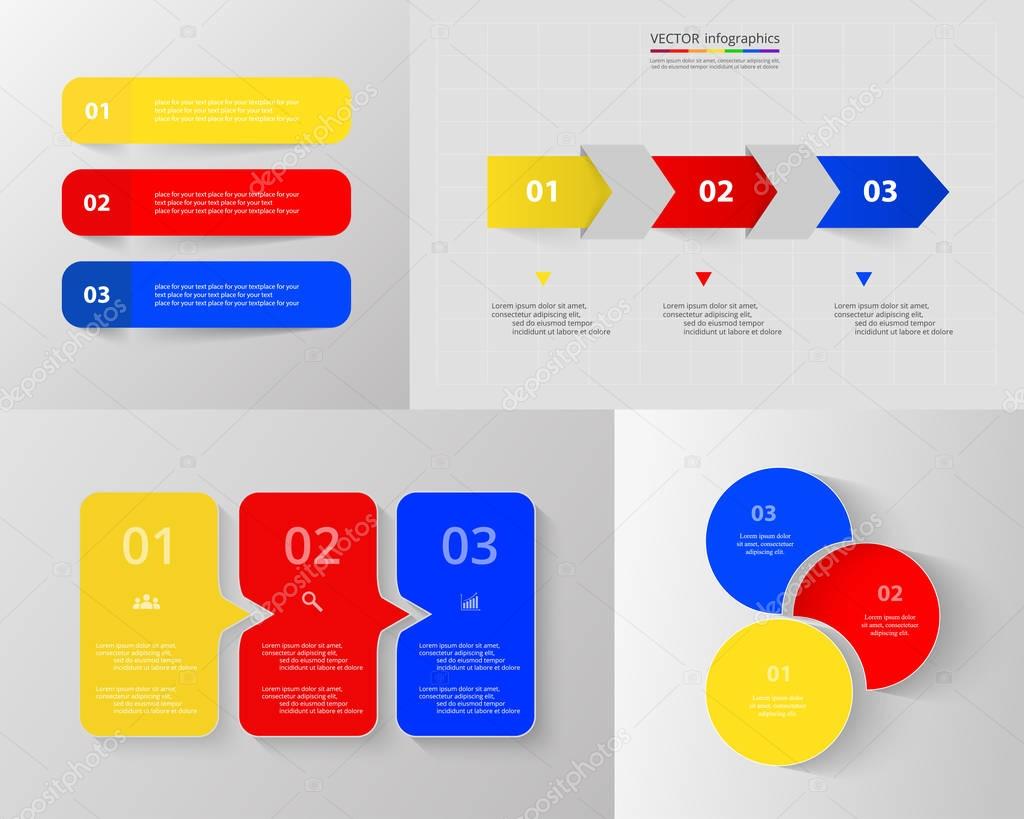 Vector infographic set. Business diagrams, round and arrows graphs, presentations and charts. Data infographics with 3 options, parts, steps, cycle processes.